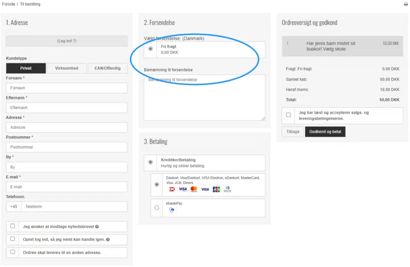 Skærmprint fra Silkeborg Kommune Webshop, der viser hvordan man vælger levering